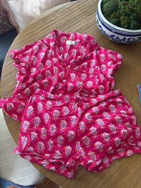 Mahogany Cotton Block Print Pajama Set - Size M Hot Pink